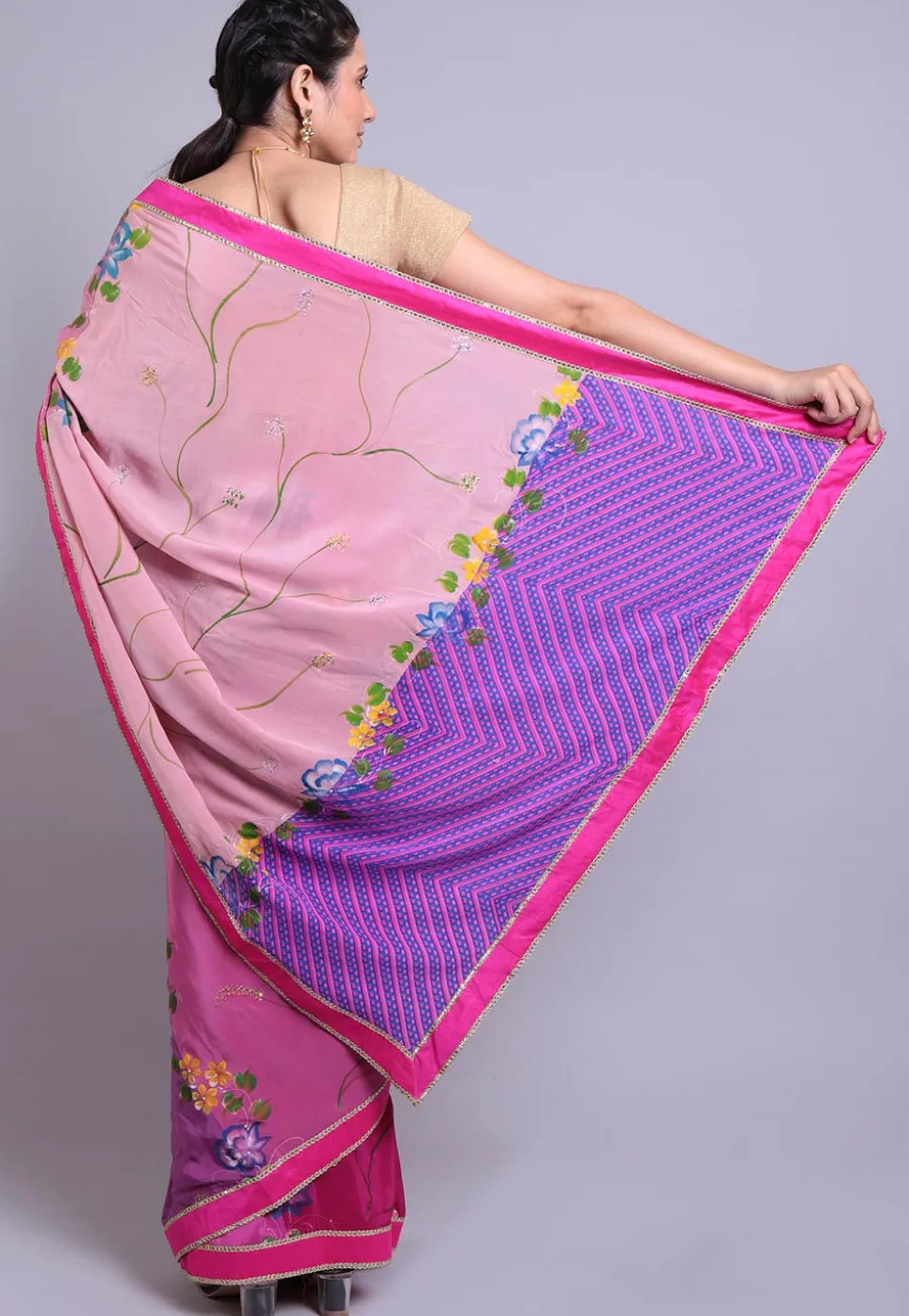 Hand Printed Pure Crepe Saree in Shaded Pink and Purple