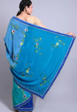 Hand Printed Pure Crepe Saree in Teal Blue