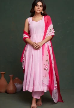 Hand Printed Viscose Silk Anarkali Suit in Light Pink