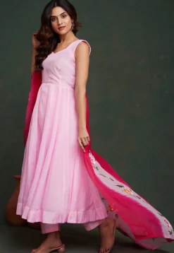 Hand Printed Viscose Silk Anarkali Suit in Light Pink