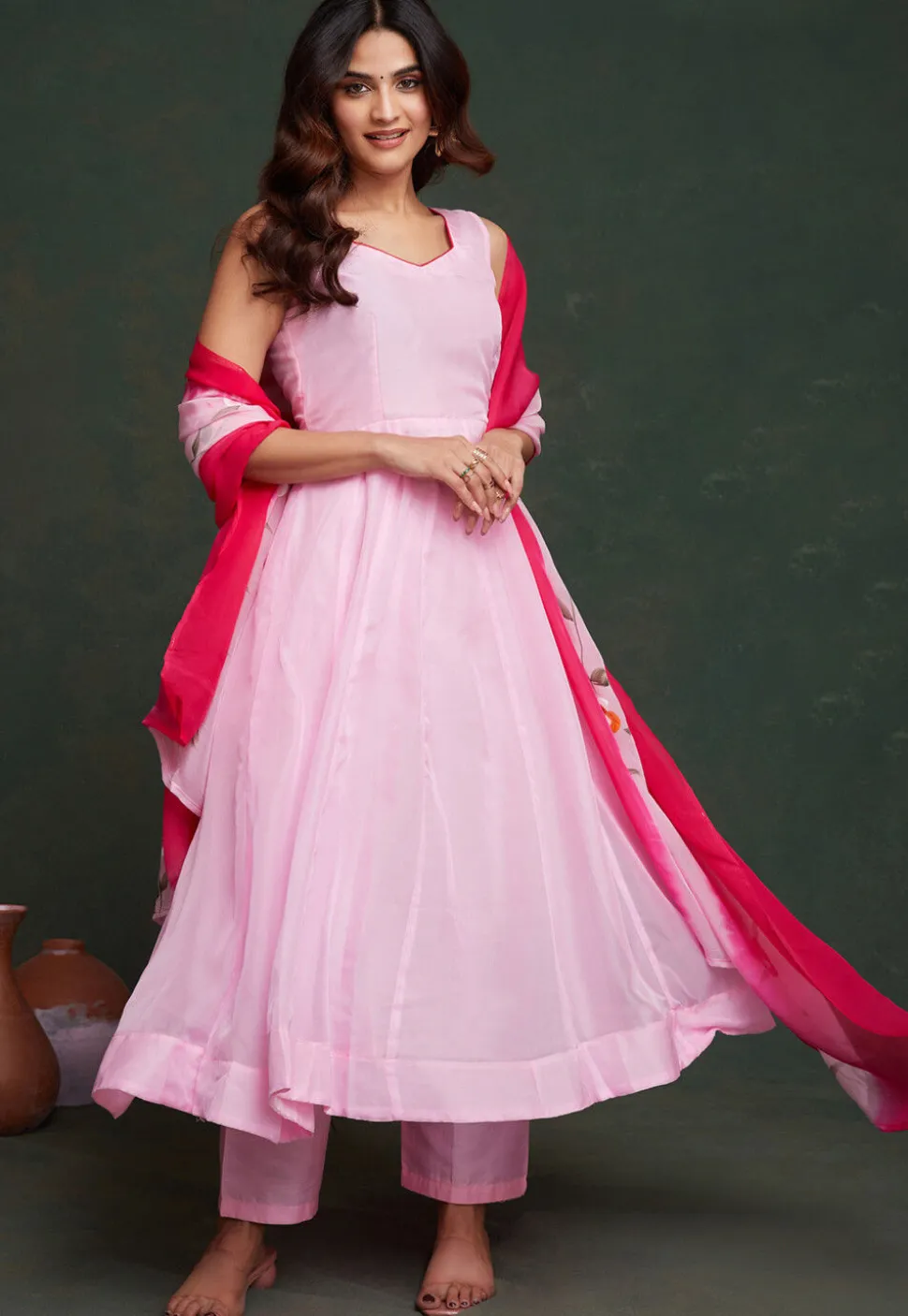 Hand Printed Viscose Silk Anarkali Suit in Light Pink
