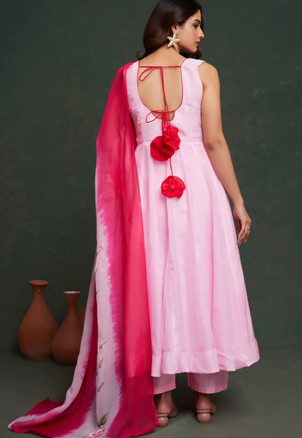 Hand Printed Viscose Silk Anarkali Suit in Light Pink