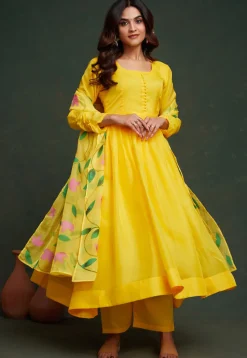 Hand Printed Viscose Silk Anarkali Suit in Yellow