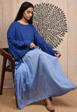 Hand Tie Dyed Pure Cotton Maxi Dress in Ombre Blue