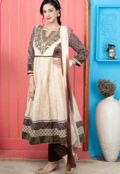 Handloom Art Silk Anarkali Suit in Beige