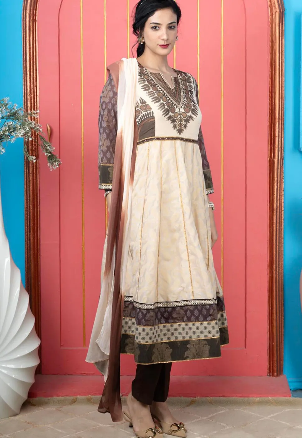 Handloom Art Silk Anarkali Suit in Beige