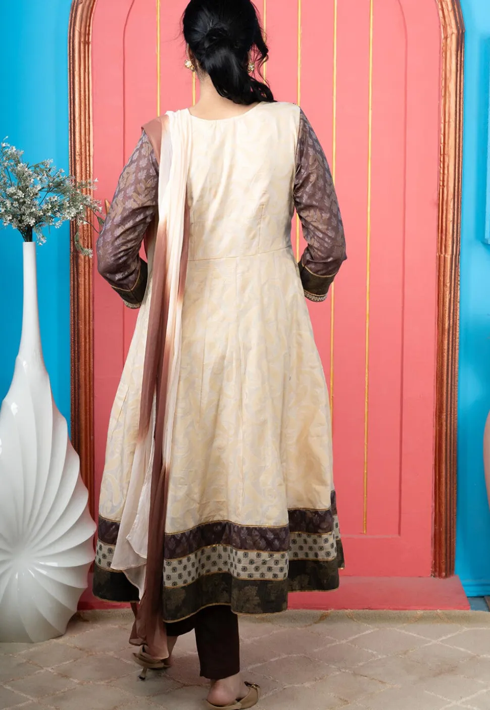 Handloom Art Silk Anarkali Suit in Beige