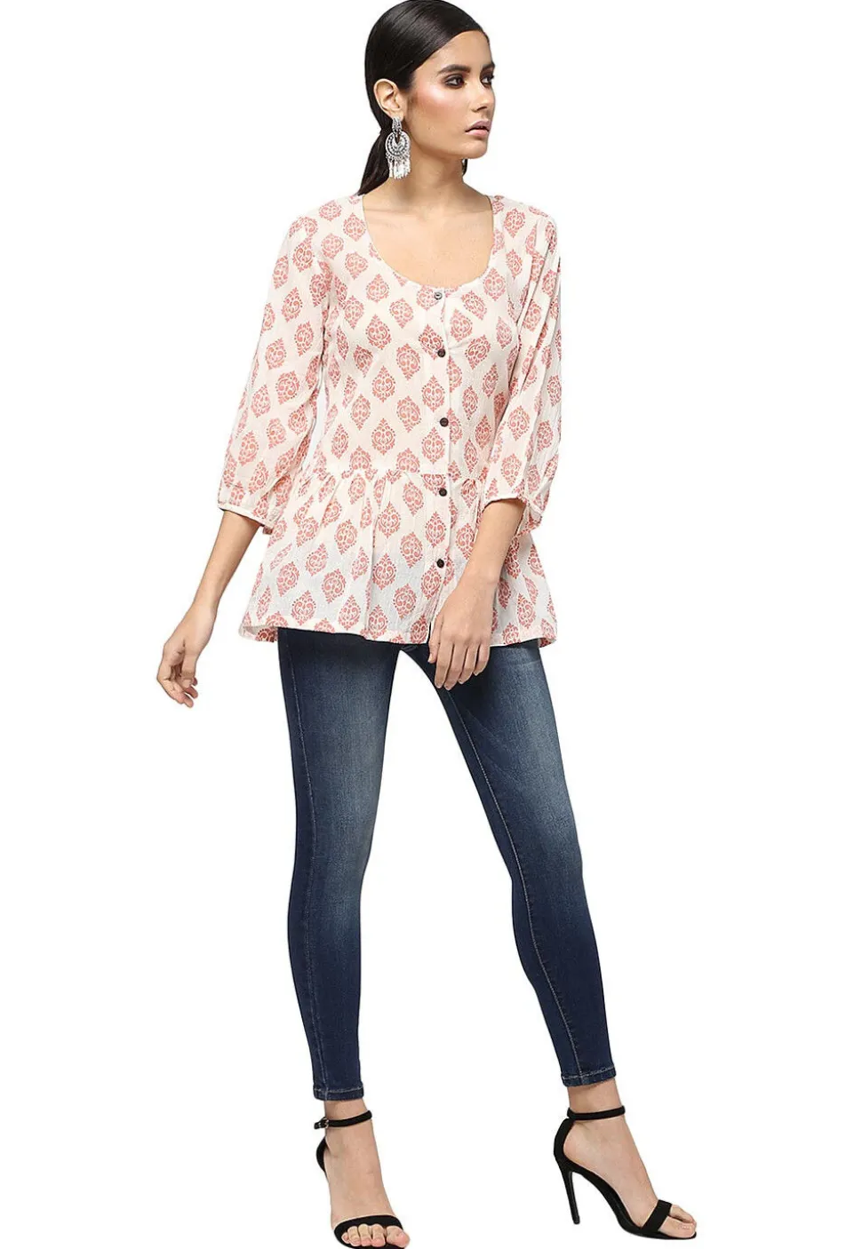 Handloom Block Printed Pure Cotton Tunic in Off White
