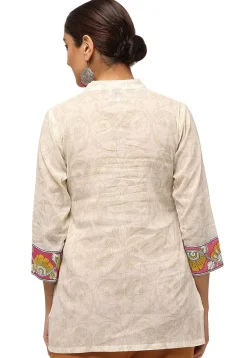 Handloom Block Printed Pure Cotton Tunic in Off White