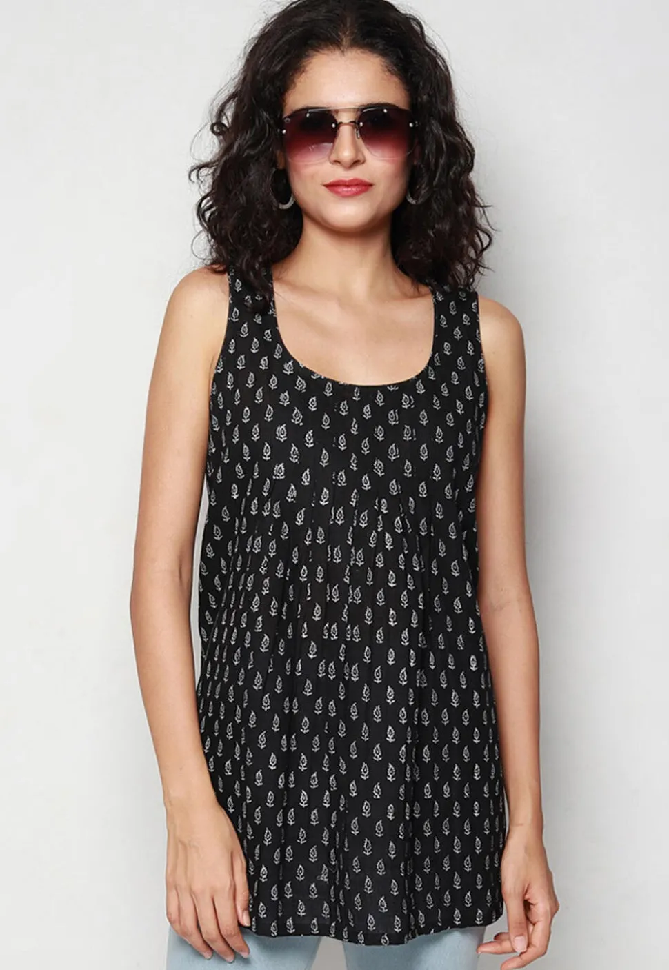 Handloom Block Printed Pure Cotton Tunic in Black