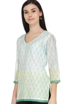 Handloom Block Printed Pure Chanderi Kurti in White