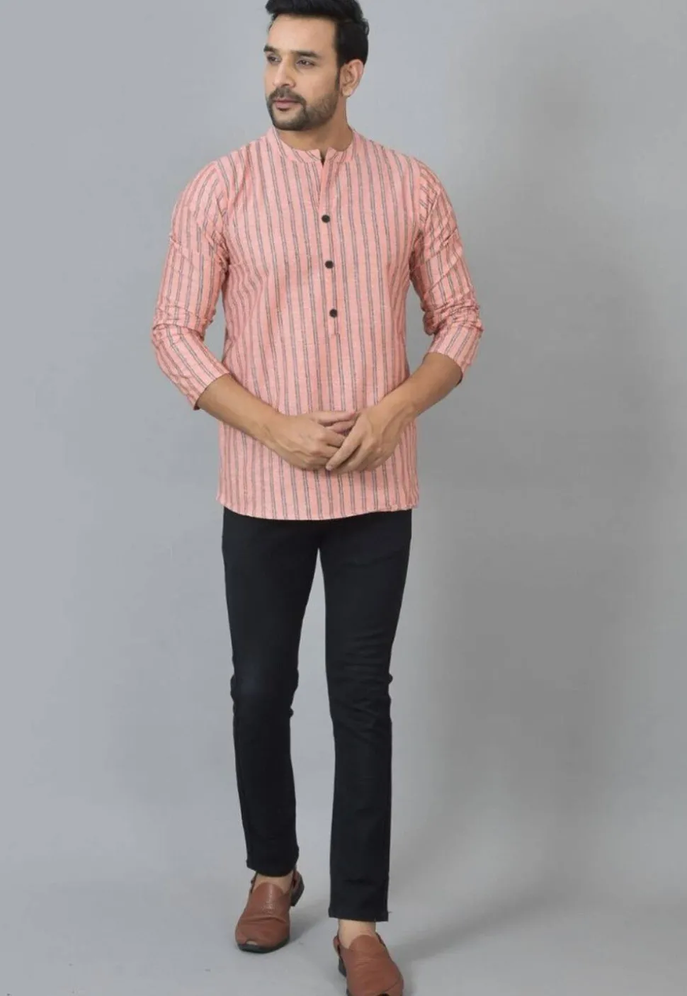 Handloom Cotton Kurta in Peach
