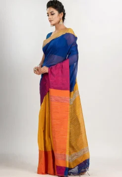 Handloom Cotton Saree in Royal Blue and Yellow