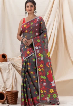 Handloom Cotton Saree in Dark Grey