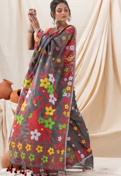 Handloom Cotton Saree in Dark Grey