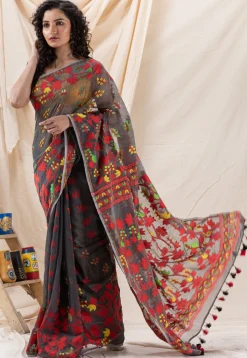 Handloom Cotton Saree in Dark Grey
