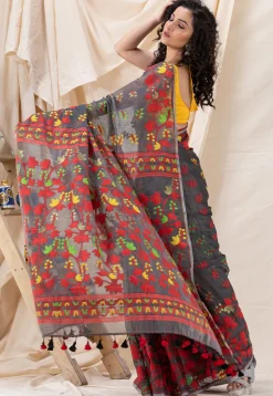 Handloom Cotton Saree in Dark Grey