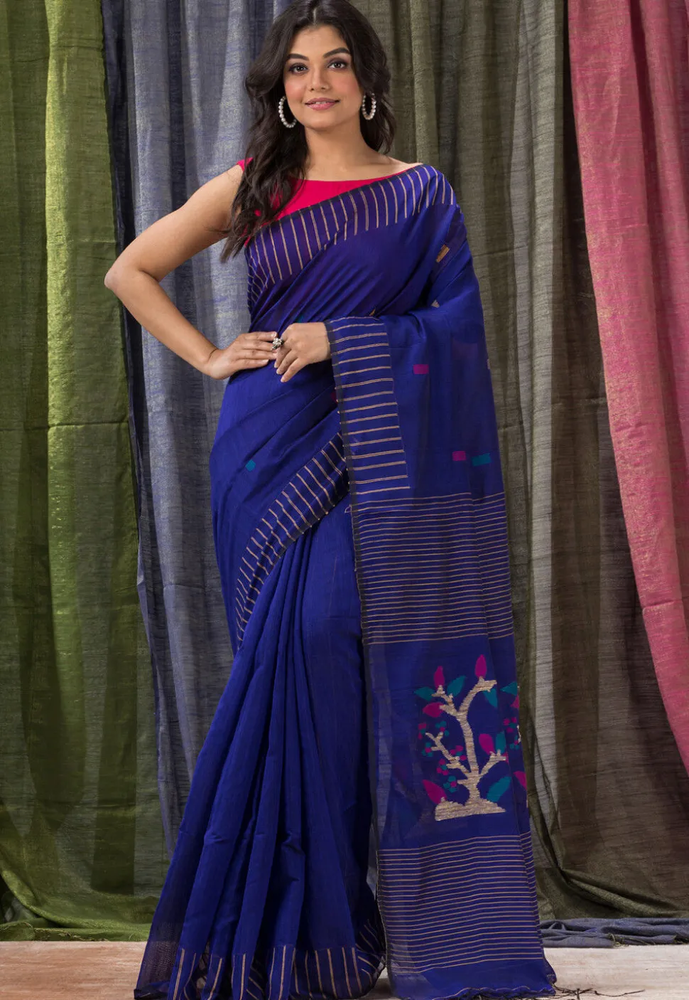 Handloom Cotton Saree in Dark Blue