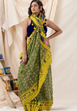 Handloom Cotton Saree in Olive Green