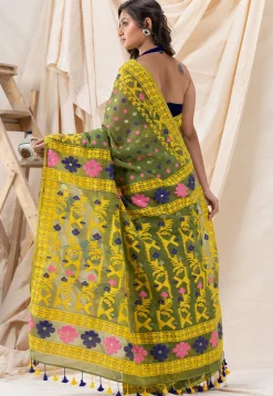 Handloom Cotton Saree in Olive Green