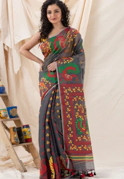 Handloom Cotton Saree in Dark Grey