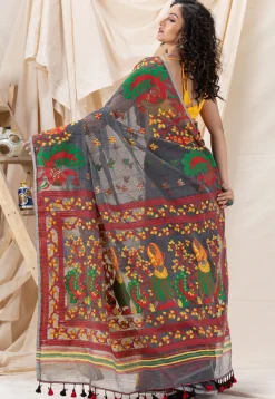 Handloom Cotton Saree in Dark Grey