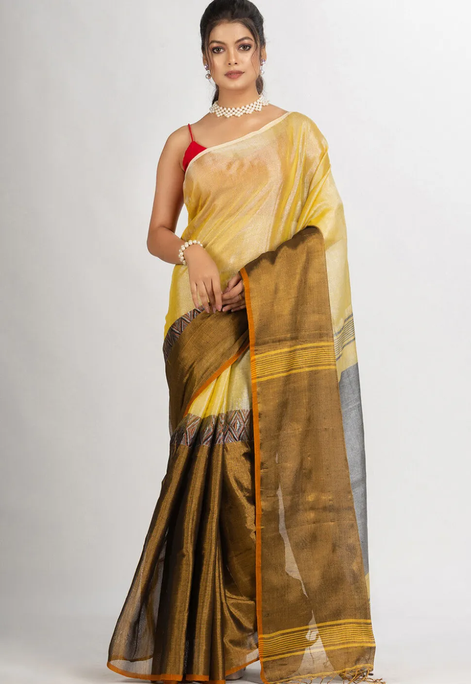Handloom Cotton Saree in Yellow and Dark Beige