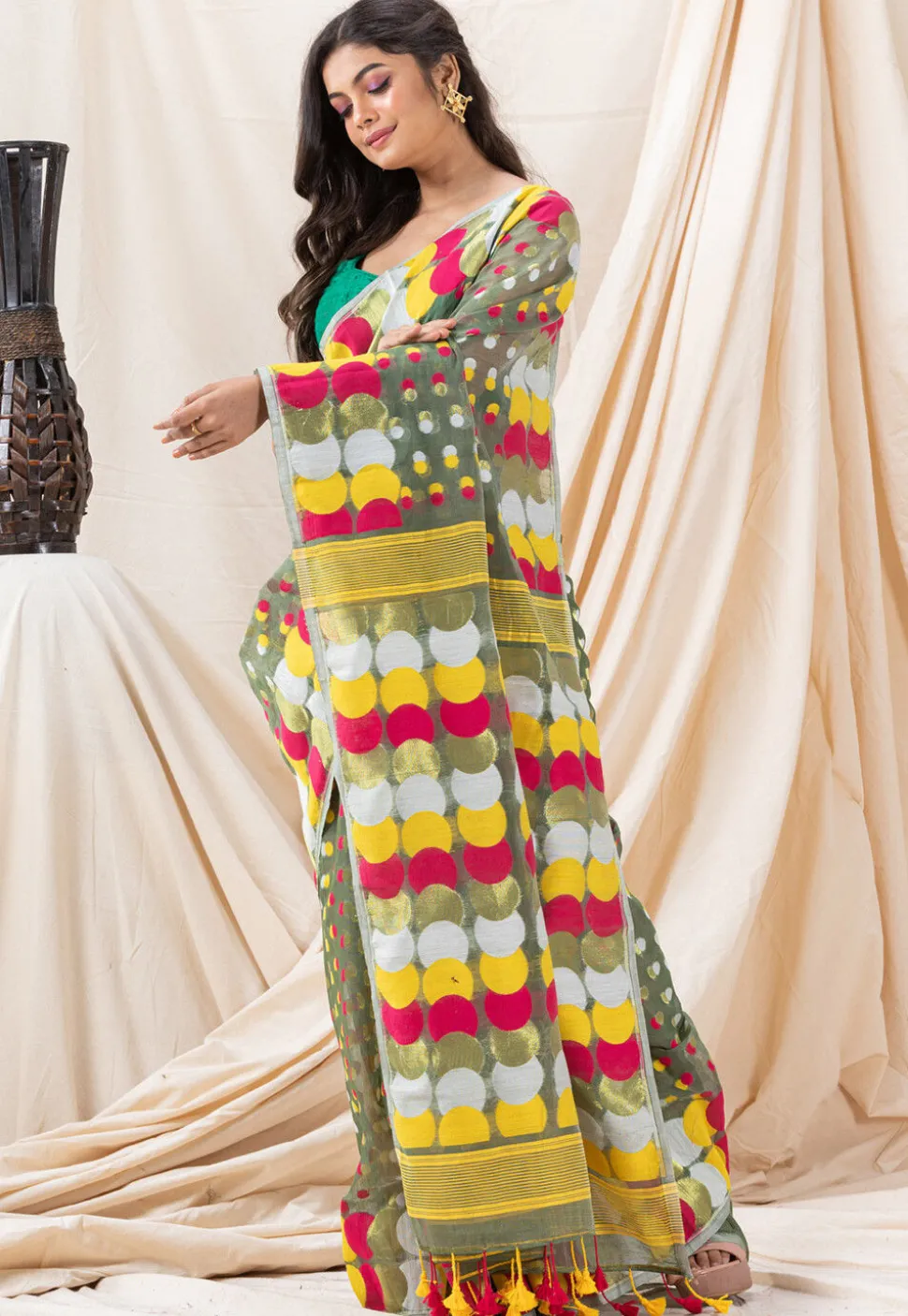 Handloom Cotton Saree in Dusty Green