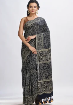 Handloom Cotton Saree in Dark Blue