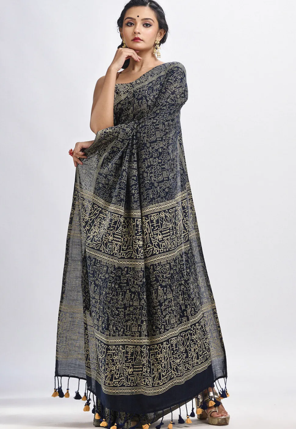 Handloom Cotton Saree in Dark Blue