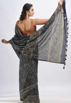 Handloom Cotton Saree in Dark Blue