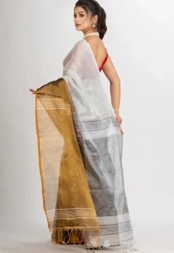 Handloom Cotton Saree in White and Dark Beige