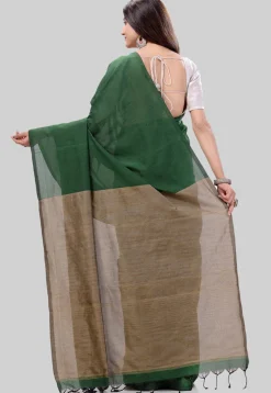 Handloom Cotton Saree in Dark Green