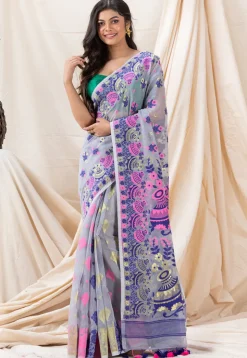 Handloom Cotton Saree in Light Grey