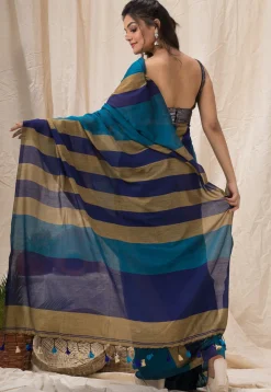 Handloom Cotton Saree in Teal Blue