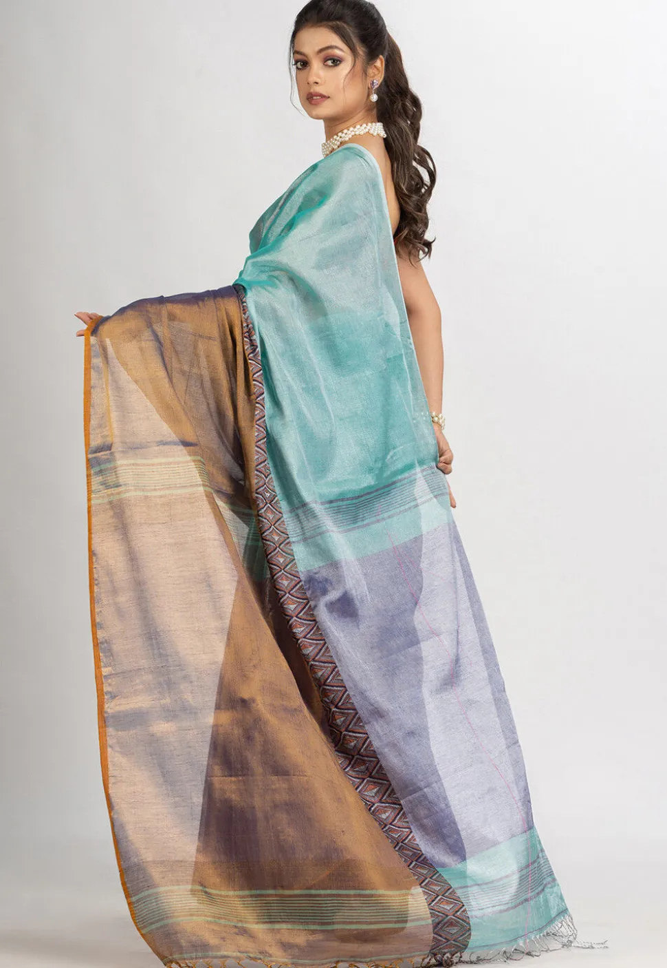 Handloom Cotton Saree in Blue and Dark Beige