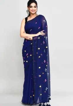 Handloom Cotton Saree in Navy Blue