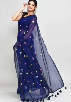 Handloom Cotton Saree in Navy Blue