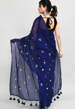 Handloom Cotton Saree in Navy Blue