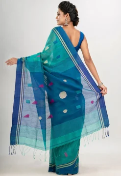 Handloom Cotton Saree in Teal Green