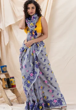Handloom Cotton Saree in Light Grey