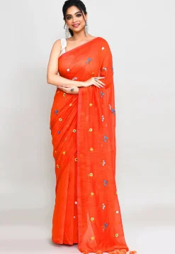 Handloom Cotton Saree in Dark Orange