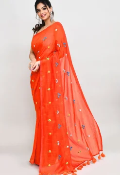 Handloom Cotton Saree in Dark Orange
