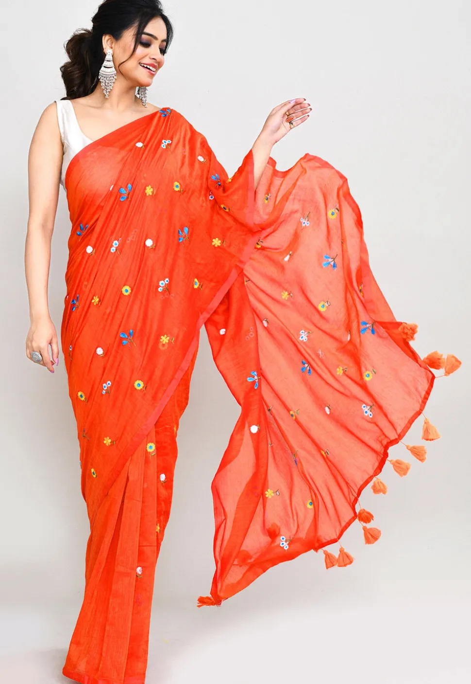 Handloom Cotton Saree in Dark Orange