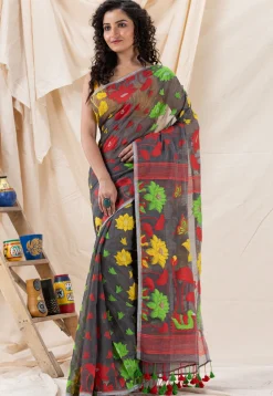 Handloom Cotton Saree in Dark Grey