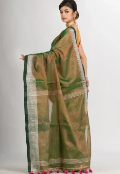 Handloom Cotton Saree in Dark Green