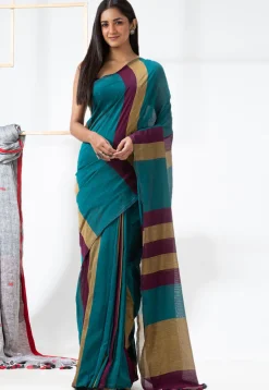 Handloom Cotton Saree in Teal Blue