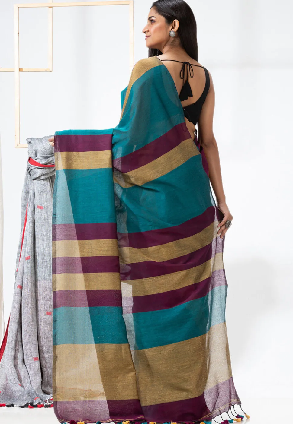 Handloom Cotton Saree in Teal Blue