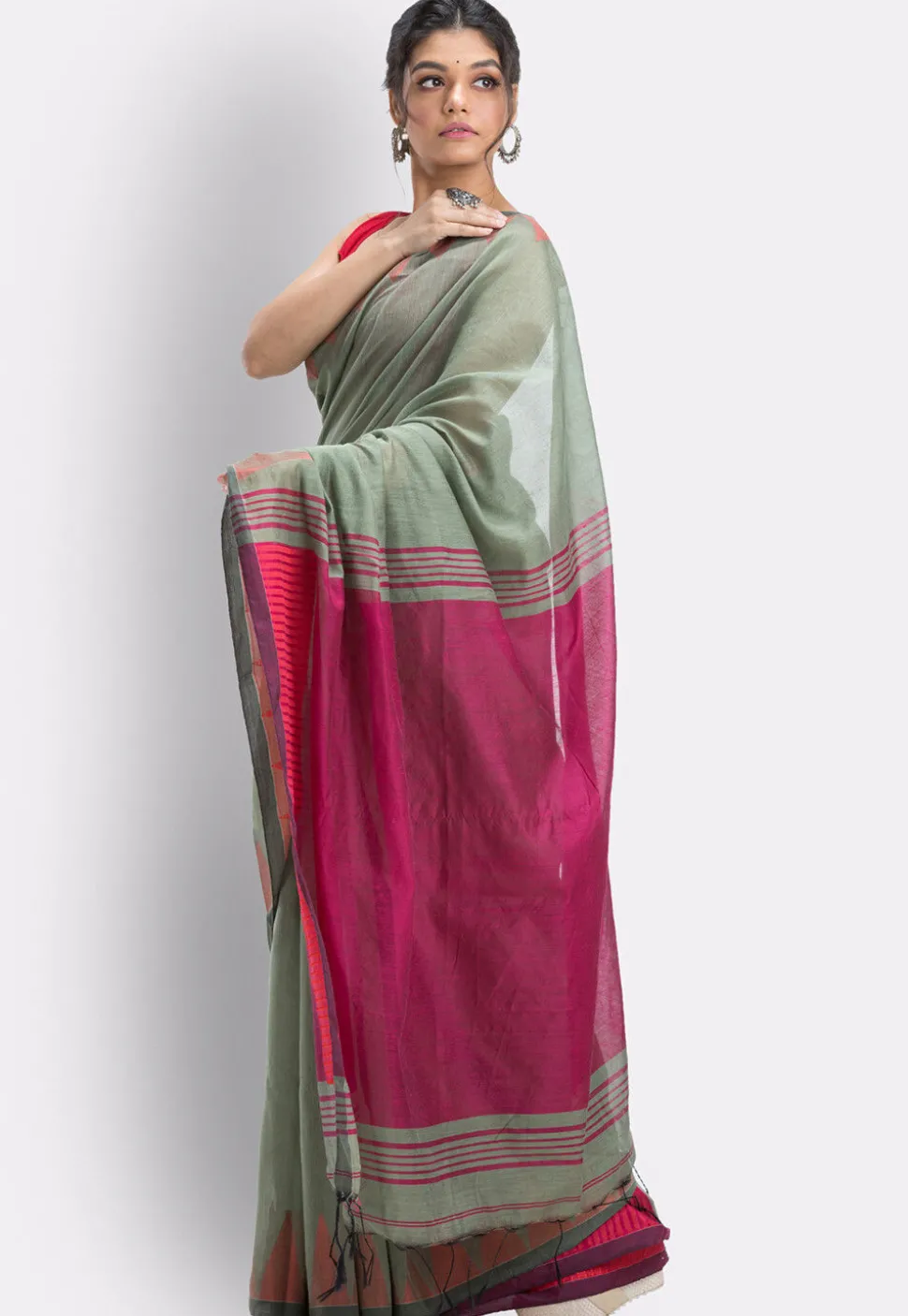 Handloom Cotton Saree in Dusty Green