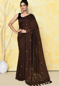 Handloom Cotton Saree in Dark Brown